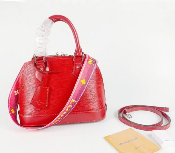 Replica Louis Vuitton Epi Leather Alma BB Handbag In Red With Jacquard Strap