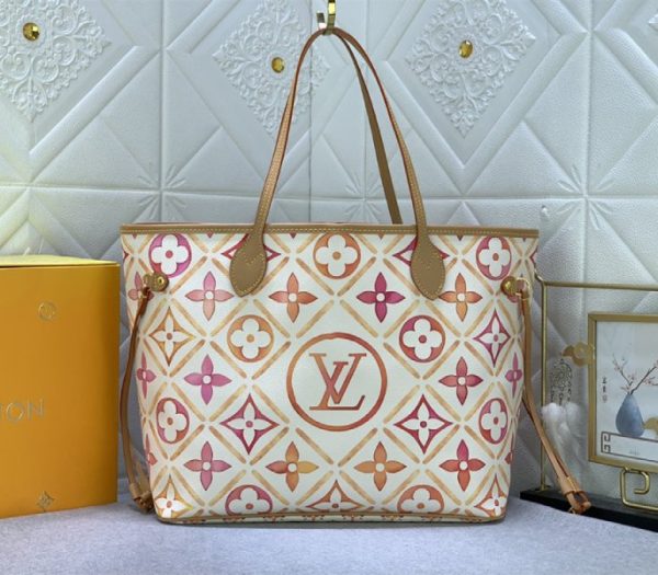 Replica Louis Vuitton LV By The Pool Monogram Tiles Canvas Neverfull MM Tote In Coral