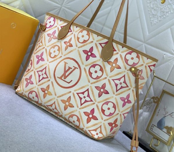 Replica Louis Vuitton LV By The Pool Monogram Tiles Canvas Neverfull MM Tote In Coral - Image 3