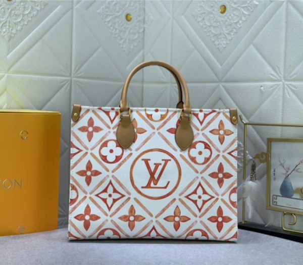 Replica Louis Vuitton LV By The Pool Monogram Tiles Canvas Onthego MM Tote In Coral