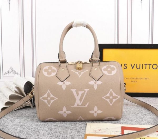 Replica Louis Vuitton Bicolor Monogram Empreinte Leather Speedy Bandouliere 25 Handbag In Tourterelle Gray And Cream