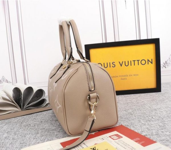 Replica Louis Vuitton Bicolor Monogram Empreinte Leather Speedy Bandouliere 25 Handbag In Tourterelle Gray And Cream - Image 3