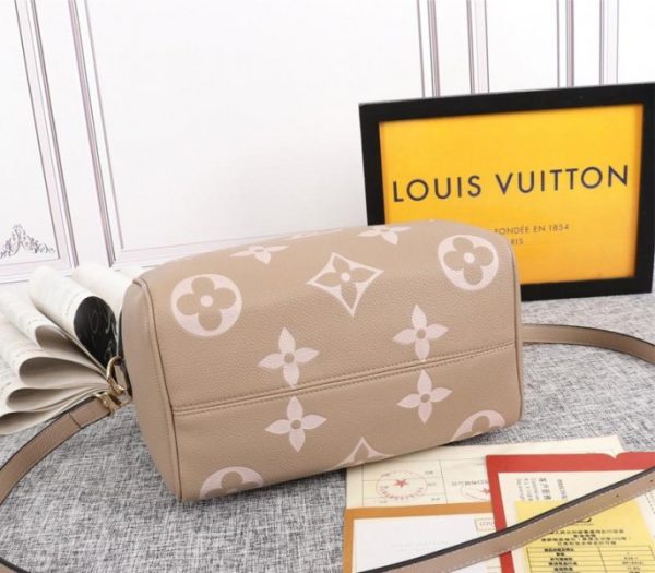 Replica Louis Vuitton Bicolor Monogram Empreinte Leather Speedy Bandouliere 25 Handbag In Tourterelle Gray And Cream - Image 4