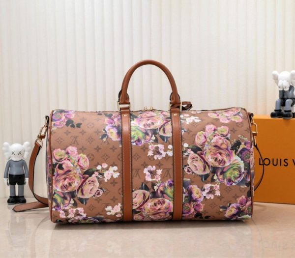 Replica Louis Vuitton Keepall Bandouliere 50 Travel Bag In Brown With Floral Pattern - Image 3