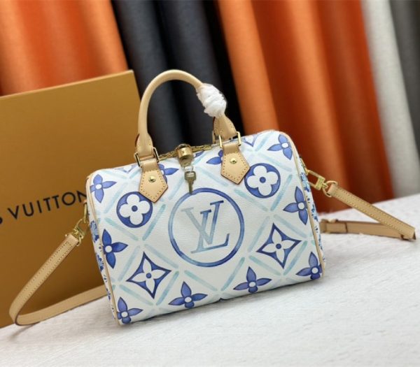 Replica Louis Vuitton LV By The Pool Monogram Tiles Canvas Speedy Bandouliere 25 Bag In Lagoon Blue