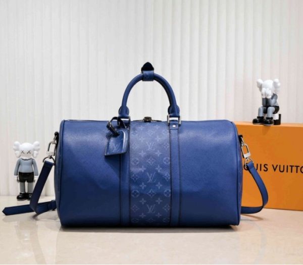 Replica Louis Vuitton Taiga Leather Keepall Bandouliere 50 Travel Bag In Navy Blue