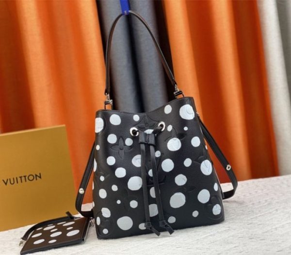 Replica Louis Vuitton X YK NeoNoe MM Black Tote In White Infinity Dots